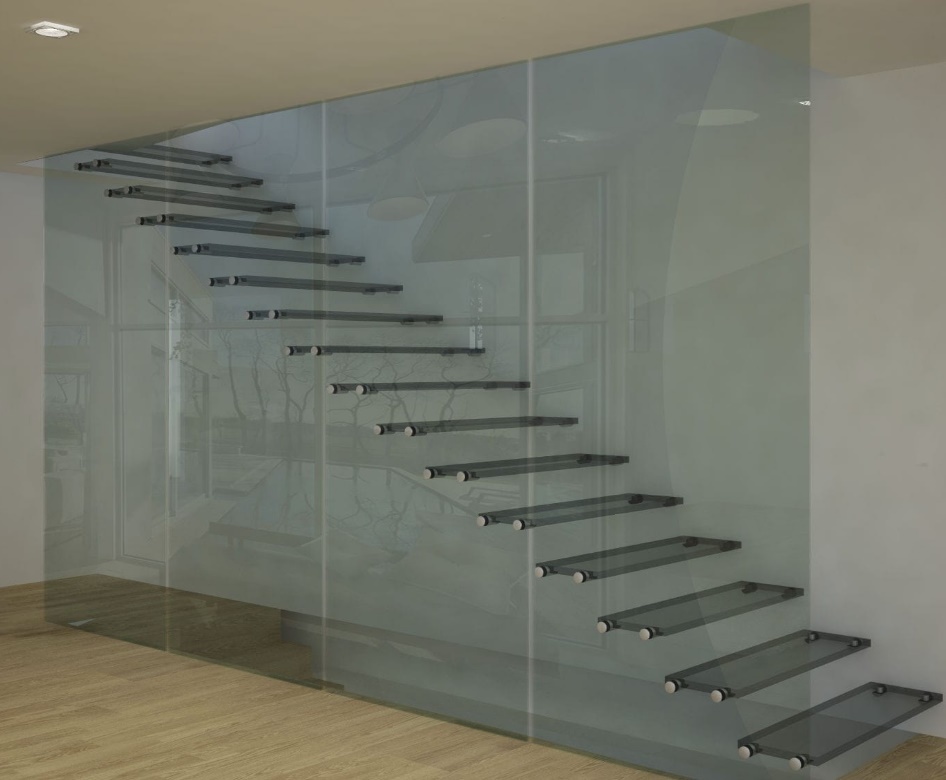 Escalera recta de vidrio con estructura metálica